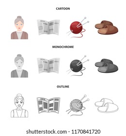 An elderly woman, slippers, a newspaper, knitting.Old age set collection icons in cartoon,outline,monochrome style vector symbol stock illustration web.