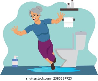 elderly woman slipping in the bathroom, domestic accident. Vector illustration.