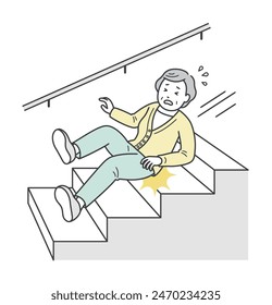 An elderly woman slips and falls down the stairs