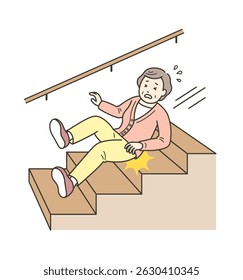 An elderly woman slips and falls down the stairs
