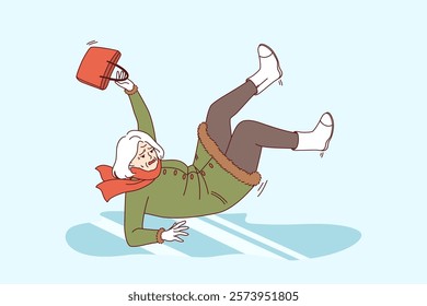 Elderly woman slips on slippery ground and falls, risking injury due to uncleaned ice. Gray-haired lady slipped on ice during winter walk and falls backwards because of uncomfortable shoes.