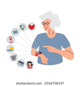 Elderly woman with smart watch on wrist, choosing app. Woman looking at fitness bracelet with many apps. Vector isolated flat illustration of old people using gadgets concept.