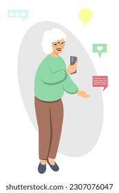Elderly Woman with smartphone. Senior smiling lady using phone for Communication, chatting in social media app. Vector illustration isolated on white background. Vector illustration