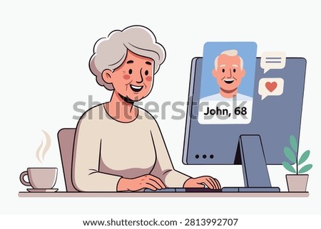 Elderly woman smiles while using a desktop computer to view an online dating profile of a senior man named John.