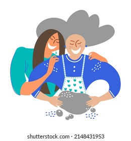 Elderly Woman with Smiling Daughter at Kitchen. Woman Prepares Lunch. Family Dinner. Vector Illustration. Family Spends Time Together.