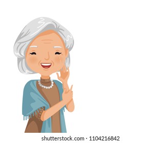 Elderly Woman Smiling. Old Woman's Face Are Laughing Happily. Feeling Happy Of Granny. Vector Illustration Isolated White Background.