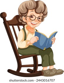 Elderly woman smiling while reading in a rocking chair.