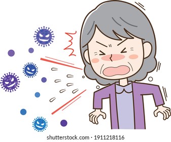 Elderly woman sneezing to fly droplets and viruses