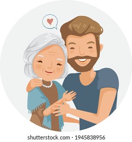 Elderly woman with son hugging each other