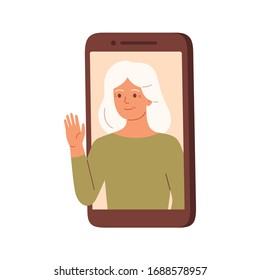 An elderly woman speaks from a mobile phone display. Happy grandmother on the phone conducts a online conversation with her family. E-communication, video messaging of people in quarantine. Vector