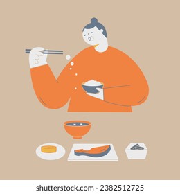 An elderly woman spills her food.