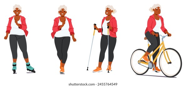 Elderly Woman in Sportswear Enjoying Various Outdoor Sports Activities and Recreation, Wheeling On Rollerblades, Jogging, Hiking with Poles And Riding A Bike. Cartoon People Vector Illustration