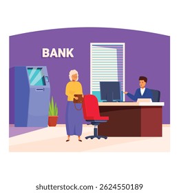 Elderly woman is standing at a bank teller's desk, discussing her finances