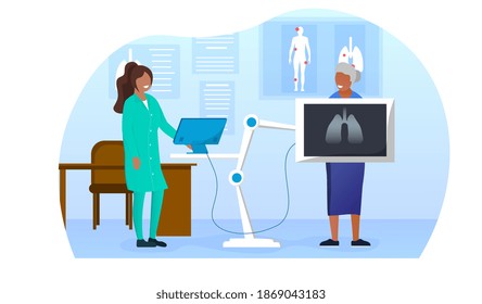 Elderly woman standing behind the x-ray making examination of the chest. Concept of radiology and body scan. Flat cartoon vector illustration