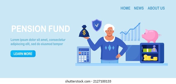 Elderly woman standing near safe, piggy bank, holding money bag. Pensioner keeping cash in bank deposit account. Pension savings investment in retirement mutual fund