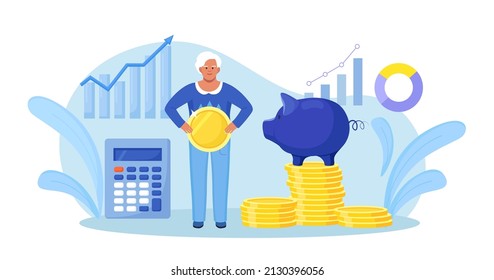 Elderly woman standing near stack of money, piggy bank holding gold coin. Grandmother pensioner keeping cash in bank deposit account. Pension savings investment in retirement mutual fund.