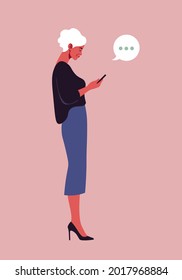 An elderly woman is standing in profile and looking in her phone. Smartphones and technologies. Communication. Vector flat Illustration