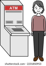 An elderly woman standing smiling in front of an ATM