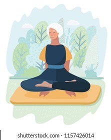 Elderly woman standing in Tolasana exercise and practicing yoga in park. Old gray-haired woman do yoga outdoor on the nature. Vector cartoon illustration in modern concept