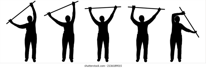 An elderly woman with a stick in her hands is engaged in gymnastics. Physical exercise for older seniors. Hands up with a gymnastic stick. Front view. Woman silhouette in black isolated on white.