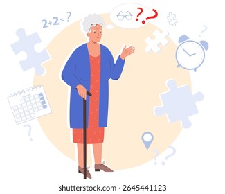 An elderly woman with a stick. The old lady thoughts get confused in head. Senile dementia, problems with brain and memory. Flat vector illustration