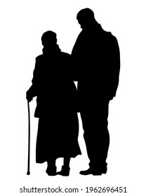 Elderly woman with a stick is walking down the street. Isolated silhouette on a white background