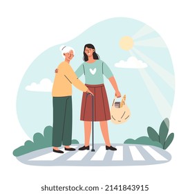 Elderly woman at street. Young girl helps grandmother cross road. Assistant and volunteer carries groceries from store, traffic light. Charity, care and support. Cartoon flat vector illustration