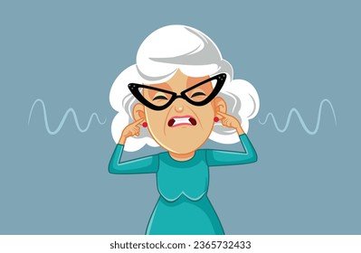 
Elderly Woman Stressed by a Loud Noise Vector Cartoon Illustration. Senior lady being annoyed by screaming and noise pollution 
