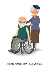 Elderly woman strolling with disabled elderly man. Cartoon vector illustration