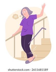 Elderly Woman Stumbles and Falling Down from Stairs for Accident Concept Illustration