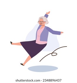 Elderly Woman Stumbling, A senior grandmother slips outdoors. accidental slip. Flat vector cartoon illustration