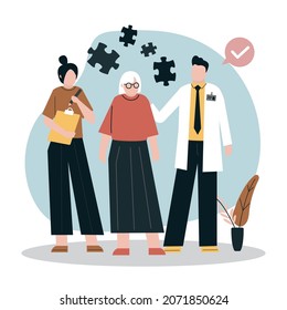 Elderly woman suffering from alzheimer disease. Alzheimer patient concept. Grandmother suffering from brain disease, memory loss. Neurology therapy and mental illness risk topics. Vector illustration