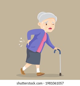 elderly woman suffering from back pain. Old woman with a cane. Grandmother suffering from back pain. Senior woman sick. Senior disease.