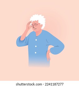 Elderly woman suffering from a headache and touching her head with her hands. Vector illustration