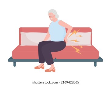 Elderly woman suffering from lower back pain semi flat color vector character. Editable figure. Full body person on white. Simple cartoon style illustration for web graphic design and animation