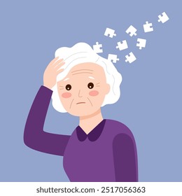 Elderly woman suffers from dementia and memory loss and is in need of specialized caregivers. Old female pensioner is sick with dementia.