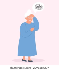 An elderly woman suffers from migraine, confusion, loss of memory. Mental age-related diseases. Vector flat graphics.