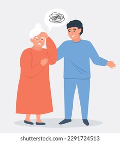 An elderly woman suffers from migraine, confusion, memory loss, dementia. Nurse, volunteer helps. Mental age-related diseases. Vector flat graphics.