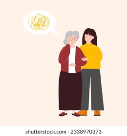 An elderly woman suffers from migraine, confusion, memory loss, dementia. Young female, volunteer helps. Mental age-related diseases. Vector flat graphics.