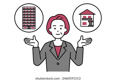 An elderly woman in a suit offers the option of a detached house or an apartment.