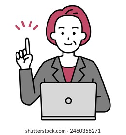 An elderly woman in a suit works on a laptop, coming up with ideas