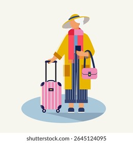 Elderly woman with suitcase. Tourism, travel, trip. Active old age, solo travel. Flat style. Vector illustration isolated.