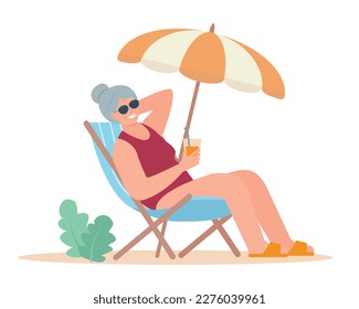 Elderly woman sunbathing in beach chair under umbrella. Senior smiling woman relax. Retirement, travel, summer tourism, active old age concept. Vector flat illustration isolated on white background.