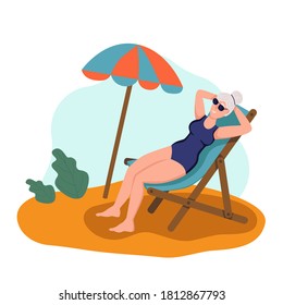 Elderly woman sunbathing on the beach. The concept of active old age. Day of the elderly. Flat cartoon vector illustration.