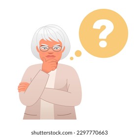 An elderly woman surrounded by question bubbles. The old woman has a question. Portrait of a thoughtful gray-haired pensioner. Smart, thinking grandmother, problem solver. Vector cartoon illustration.