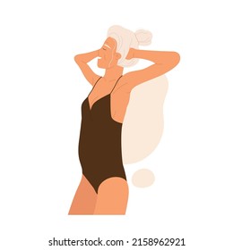 Elderly woman in  swimsuit is standing and sunbathing. Trendy old tanning woman, active retirement. Stylish senior female and summer vacation aesthetic. Isolated cartoon vector illustration