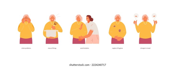 Elderly woman with symptoms of Alzheimer's disease. Memory loss, senile dementia vector illustration