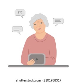 Elderly Woman With A Tablet. An Older Lady Communicates With Friends Or Family Members Using Her Tablet.