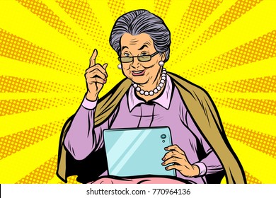 elderly woman with a tablet. Pop art retro vector illustration