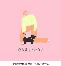 Elderly woman takes care to the dog. Happy old people life. Vector hand drawn illustration